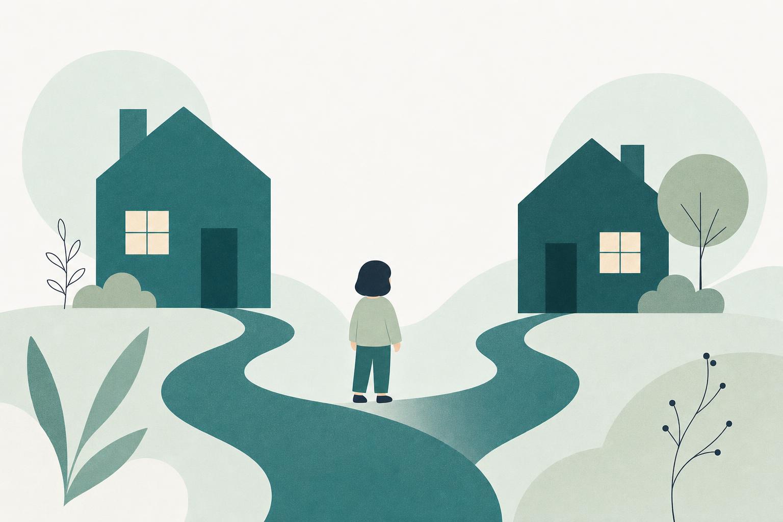 Illustration : un enfant sur un chemin entre deux maisons, symbolisant le partage de la garde entre deux foyers.