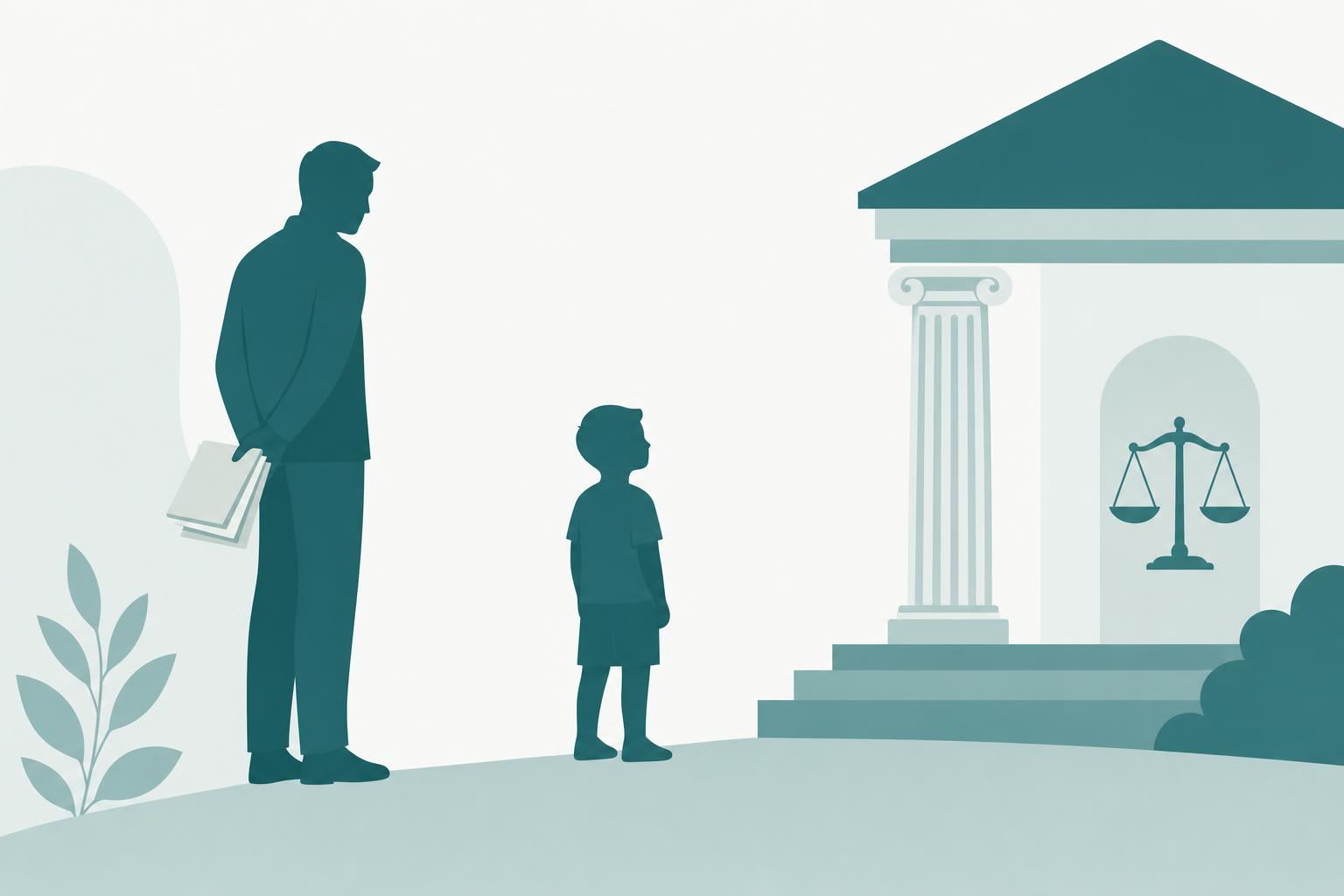 Illustration : une silhouette adulte retenant des documents derrière son dos, un enfant entre les deux, face à un tribunal stylisé qui avance, symbolisant une procédure qui peut aboutir sans l'accord de l'autre parent.