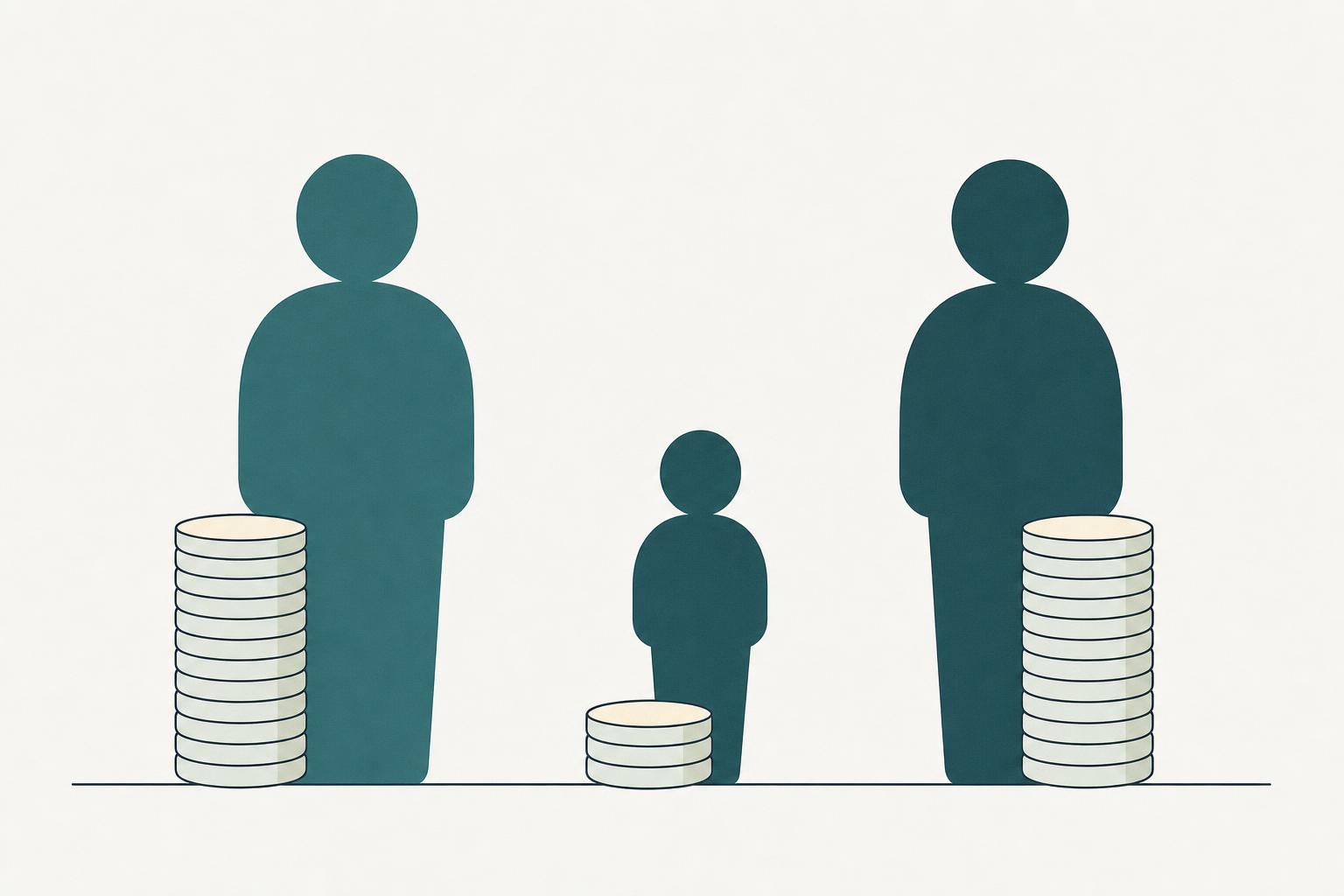 Illustration : deux silhouettes adultes avec chacune une grande pile de pièces, et une silhouette d'enfant avec une pile de pièces nettement plus petite, symbolisant le partage inégal de l'excédent entre grandes et petite tête.